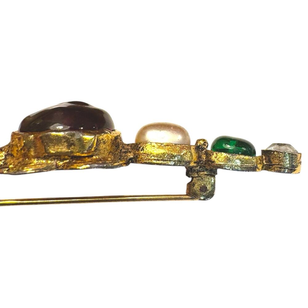 Vintage CHANEL 1986 Gripoix Glass Cabochon Bar Brooch Pearl Green CC Logo - Picture 7 of 14
